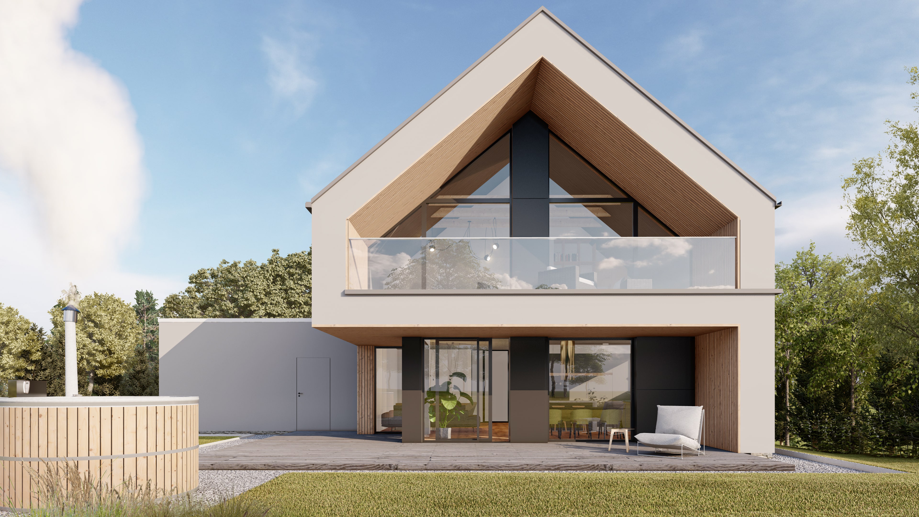 Bryła budynku do dynamiczne połączenie dachu dwuspadowego ze stropodachem z charakterystycznymi wysunięciami stanowiącymi jednocześnie nadwieszenie nad dolną i górną częścią bryły. Linię wysuniętego jasnego okapu wizualnie podkreśla również kontrastowy kolor, cofnięty względem ciemniejszej ściany fasadowej. Nowoczesny charakter elewacji nadają również przeszklenia na całą wysokość fasady, które będąc odpowiednio cofnięte względem krawędzi nadwieszenia, nie będą się nadmiernie przegrzewały w cieplejsze dni.